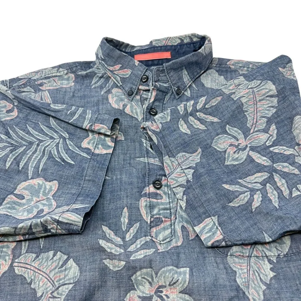 TOMMY BAHAMA Blue Pink‎ Hawaiian Tropical Cotton Short Sleeve Shirt Men's Medium